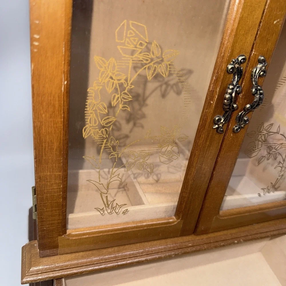 Vintage Wood 2 Door Jewelry Box Armoire Style Cabinet w Mirror Drawer Scuffs